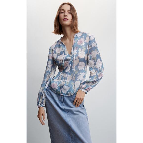 MNG Mango Floral Tie Long Sleeve Blouse Womens Size 10 Blue New Sheer - Picture 1 of 15